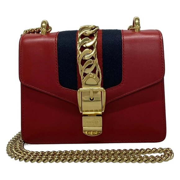 Authentic GUCCI Sylvie Mini Red Navy Leather Shoulder Bag br492-120725 - Picture 1 of 16